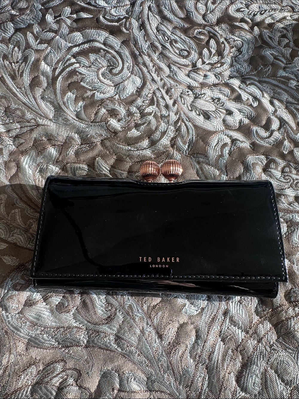 Ted Baker Black Patent Clutch with Rose Gold Kiss-Lock Detail